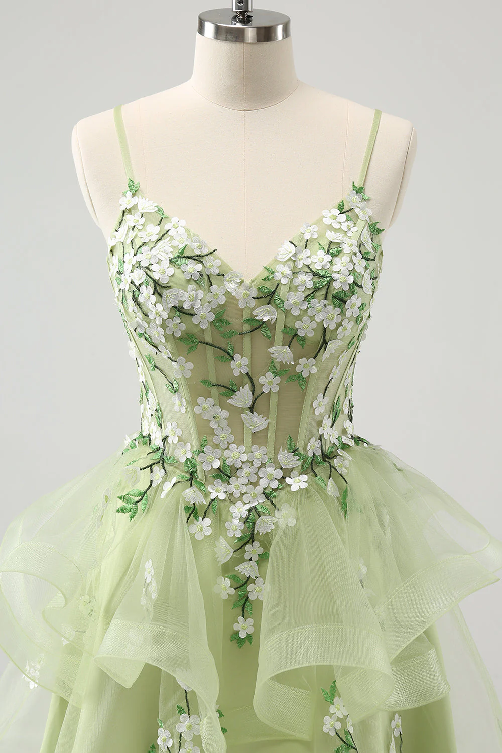 Light Green A Line Applique Short Graduation Dress with Ruffles - Image 4