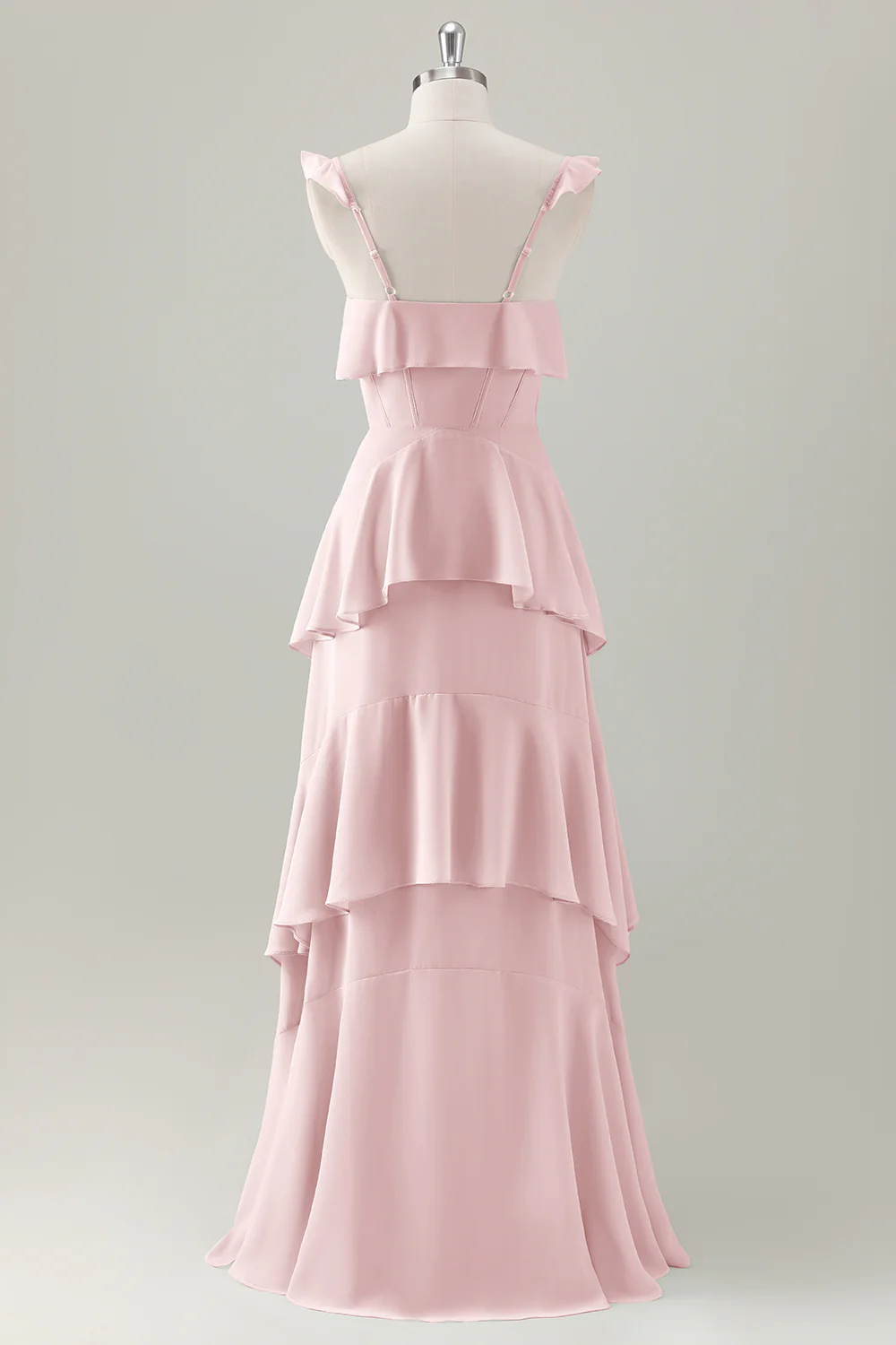 Light Green A Line Ruffle Tiered Chiffon Corset Long Bridesmaid Dress - Image 10