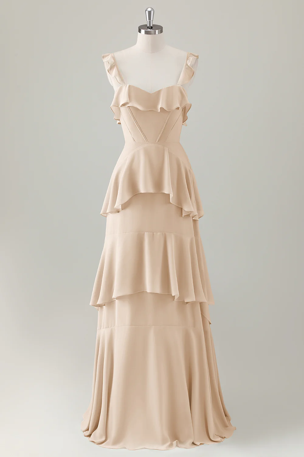 Light Green A Line Ruffle Tiered Chiffon Corset Long Bridesmaid Dress - Image 11