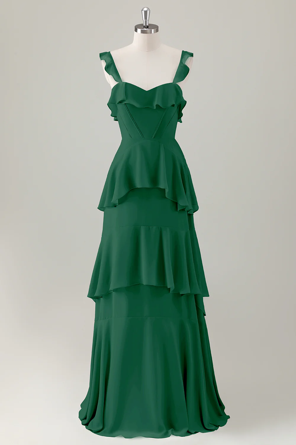 Light Green A Line Ruffle Tiered Chiffon Corset Long Bridesmaid Dress - Image 13