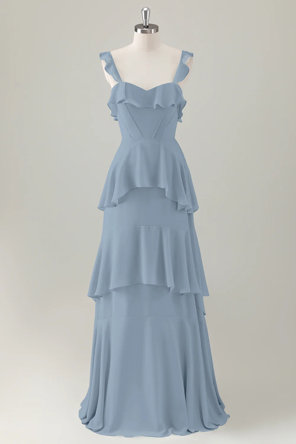 Light Green A Line Ruffle Tiered Chiffon Corset Long Bridesmaid Dress - Image 15