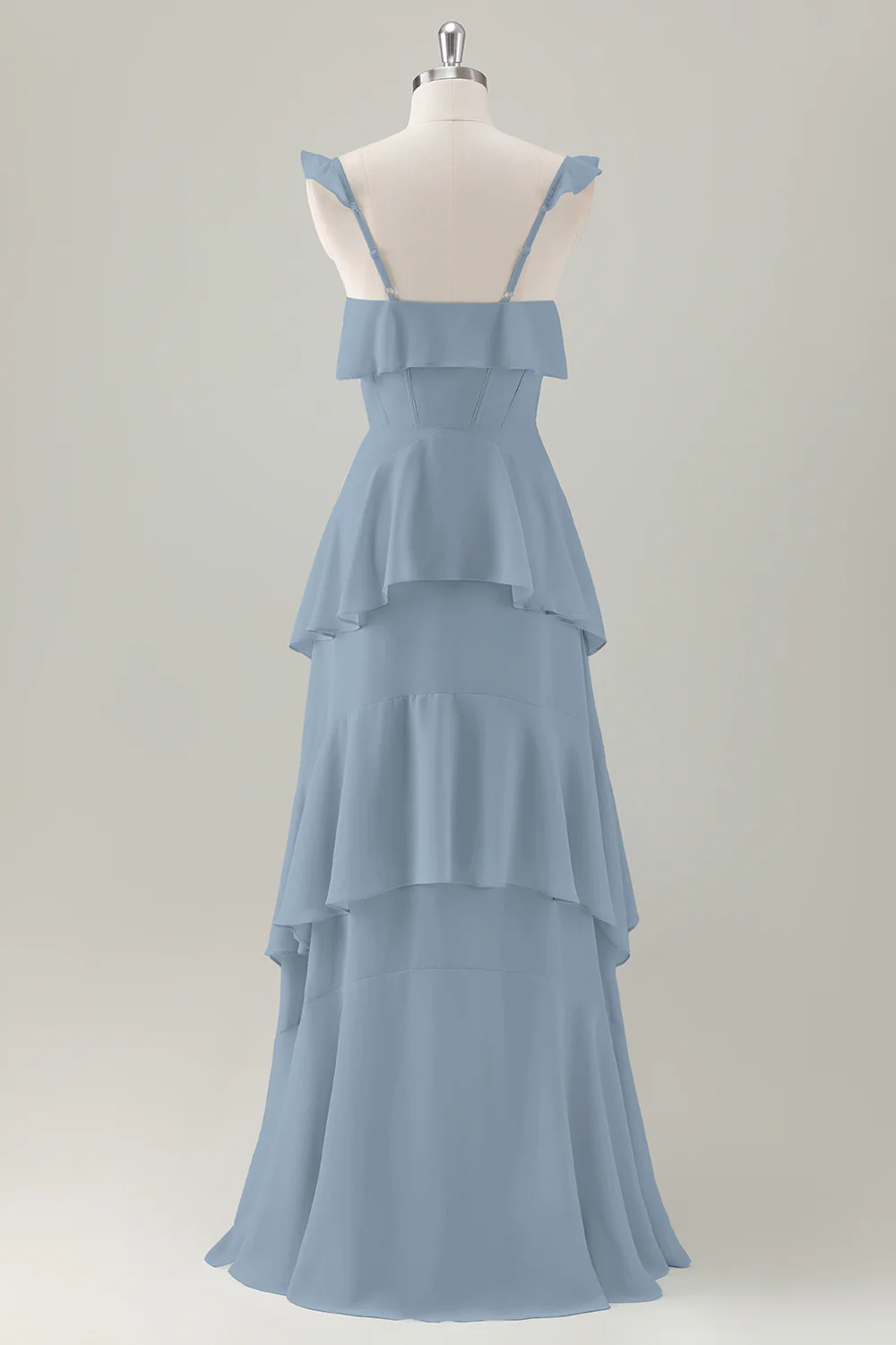 Light Green A Line Ruffle Tiered Chiffon Corset Long Bridesmaid Dress - Image 16
