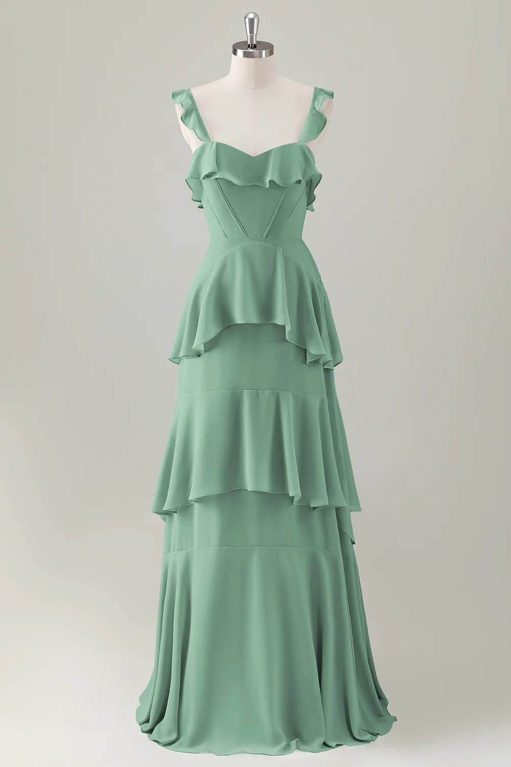 Light Green A Line Ruffle Tiered Chiffon Corset Long Bridesmaid Dress - Image 17