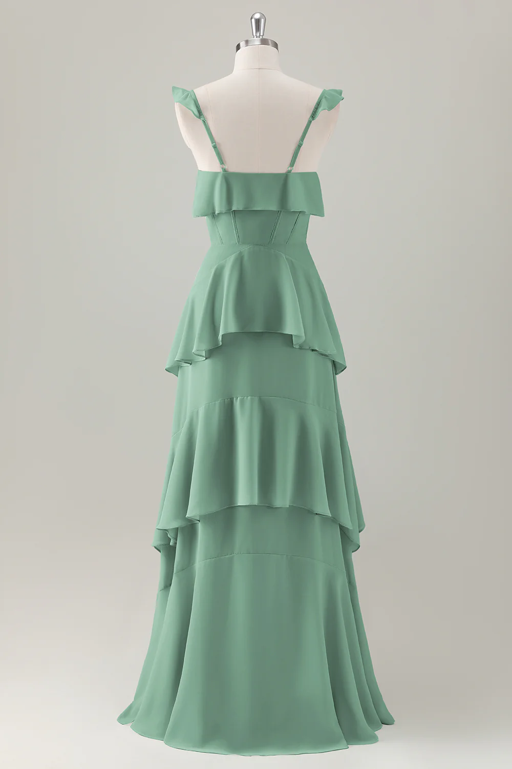 Light Green A Line Ruffle Tiered Chiffon Corset Long Bridesmaid Dress - Image 18