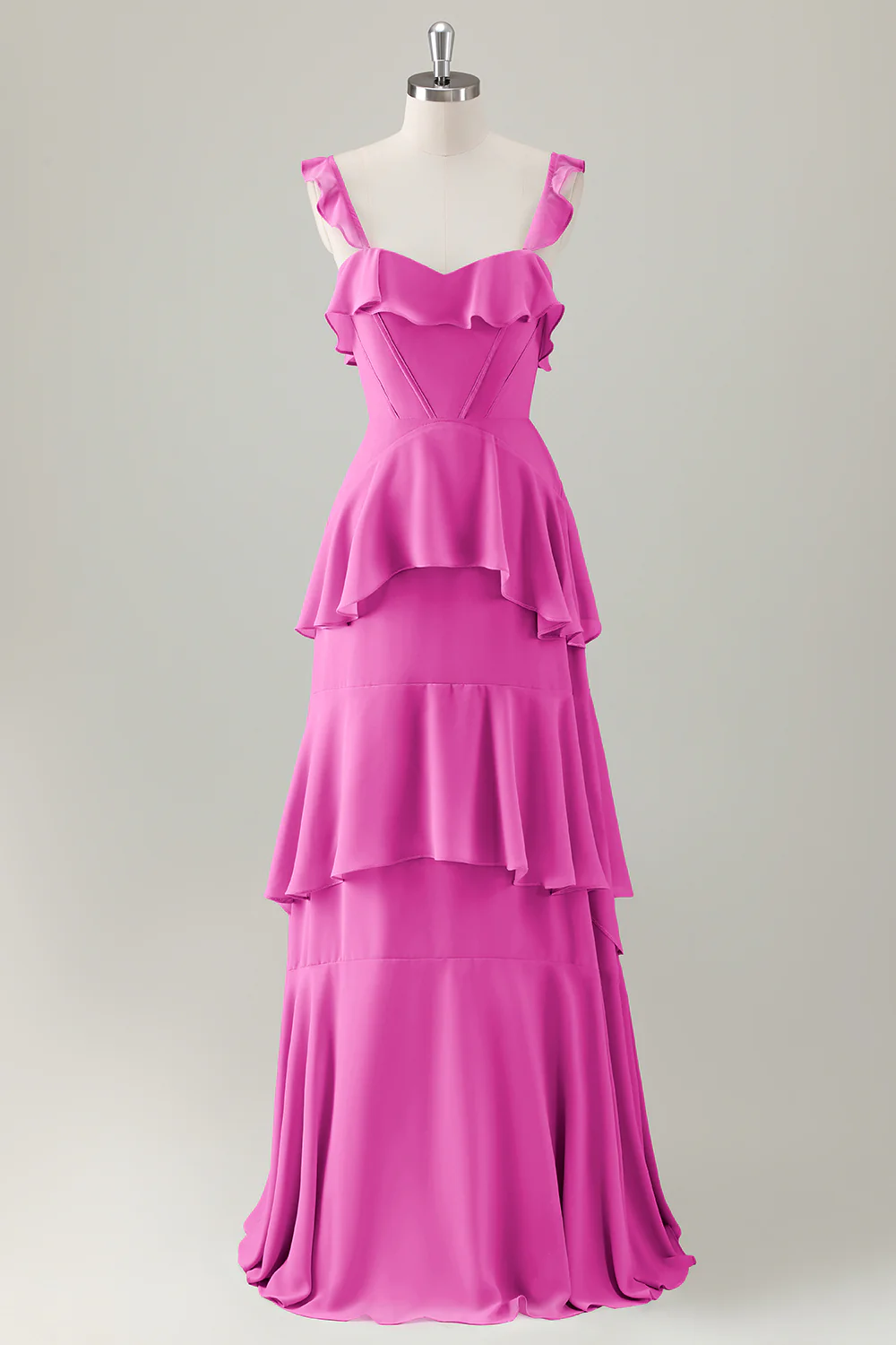Light Green A Line Ruffle Tiered Chiffon Corset Long Bridesmaid Dress - Image 19