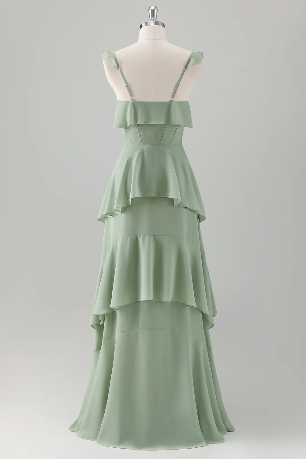 Light Green A Line Ruffle Tiered Chiffon Corset Long Bridesmaid Dress - Image 2