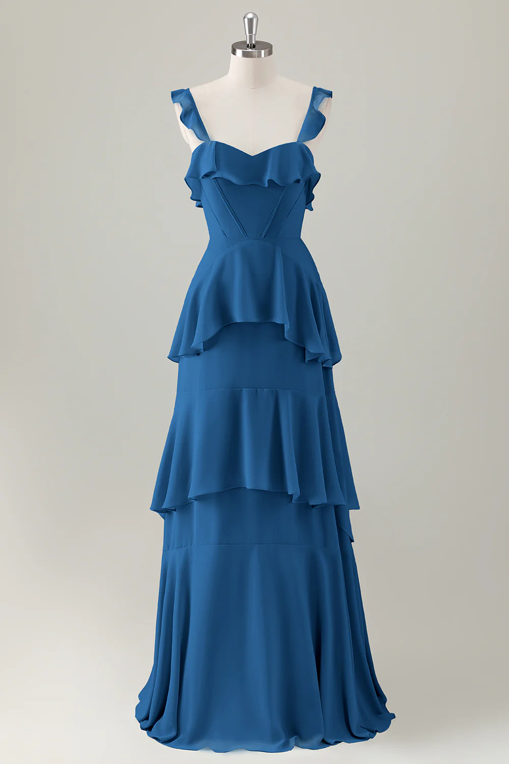 Light Green A Line Ruffle Tiered Chiffon Corset Long Bridesmaid Dress - Image 21