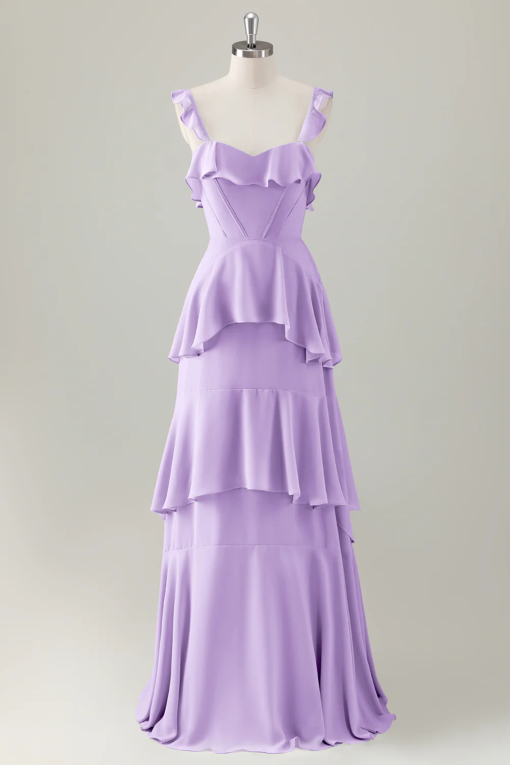 Light Green A Line Ruffle Tiered Chiffon Corset Long Bridesmaid Dress - Image 23