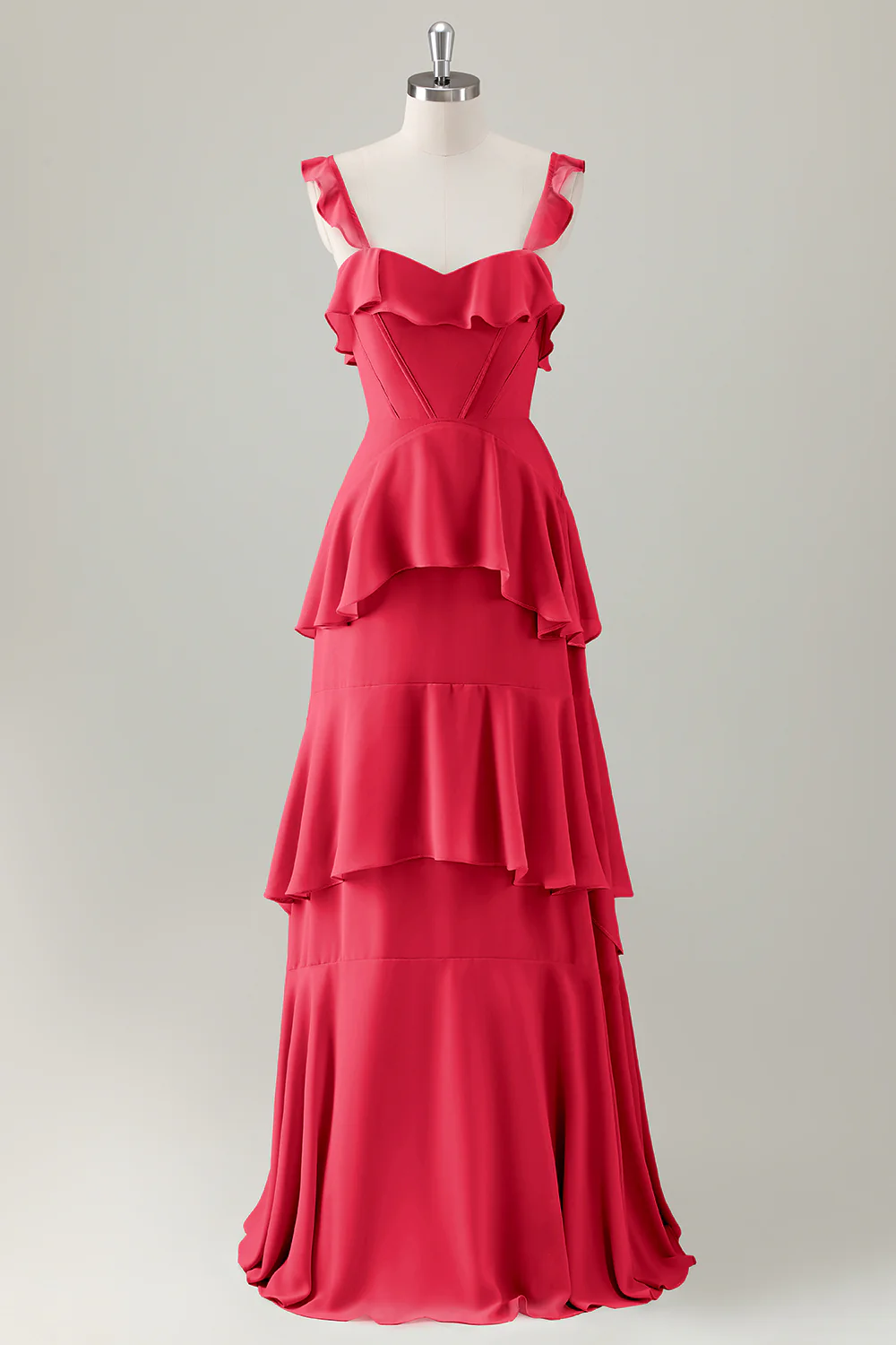 Light Green A Line Ruffle Tiered Chiffon Corset Long Bridesmaid Dress - Image 25
