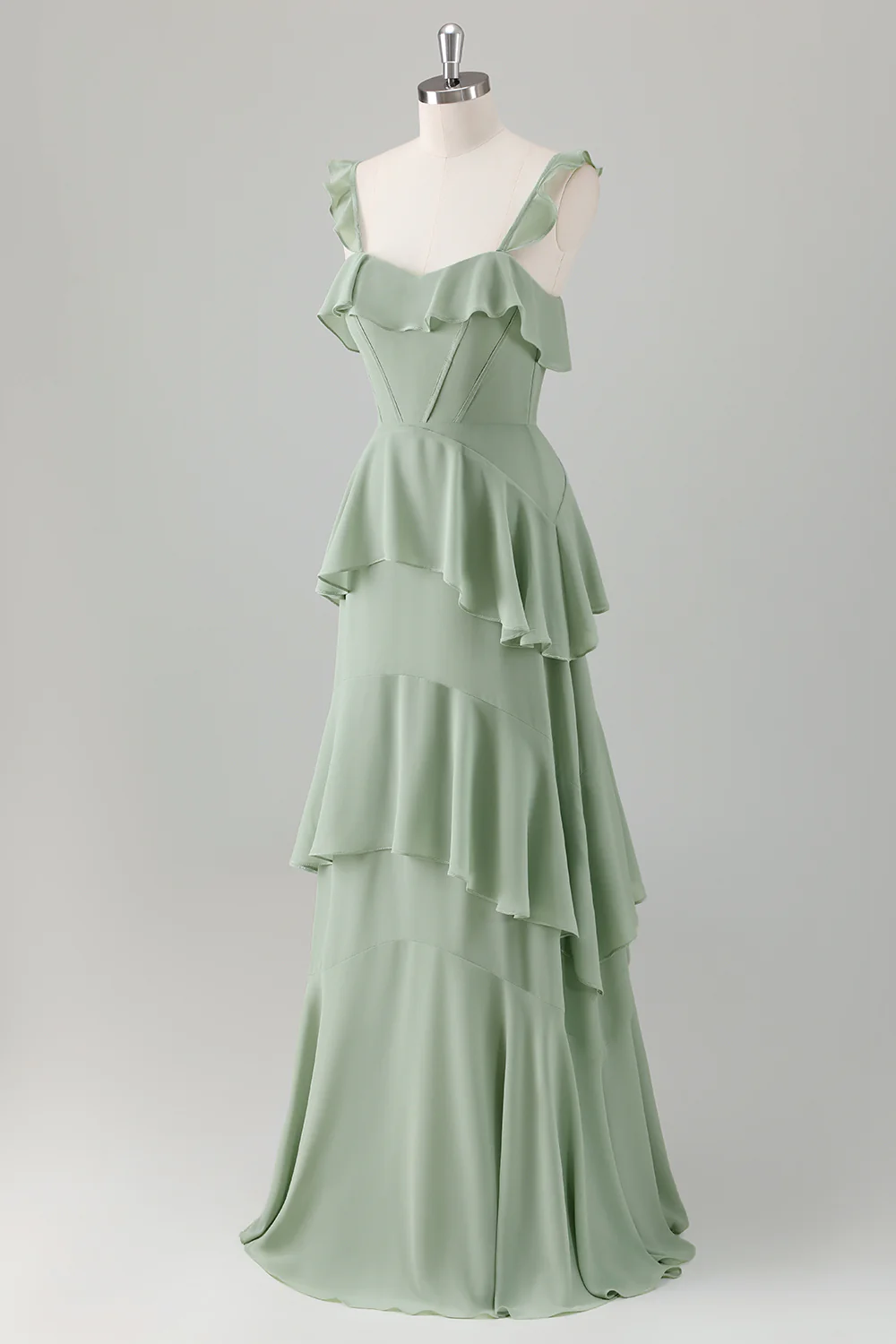 Light Green A Line Ruffle Tiered Chiffon Corset Long Bridesmaid Dress - Image 3