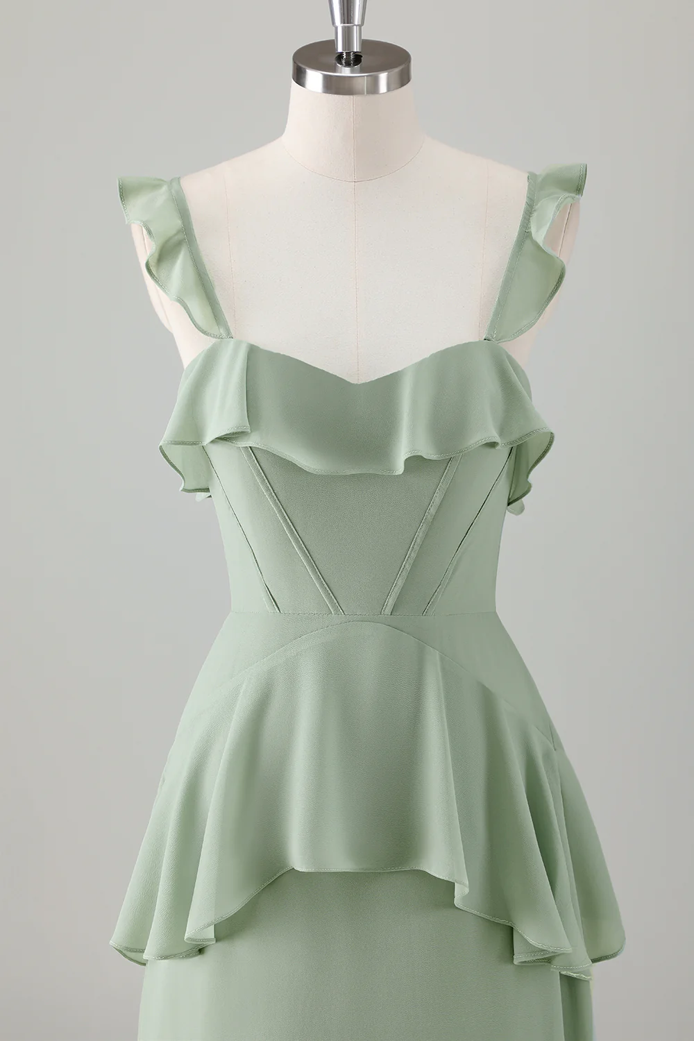 Light Green A Line Ruffle Tiered Chiffon Corset Long Bridesmaid Dress - Image 4