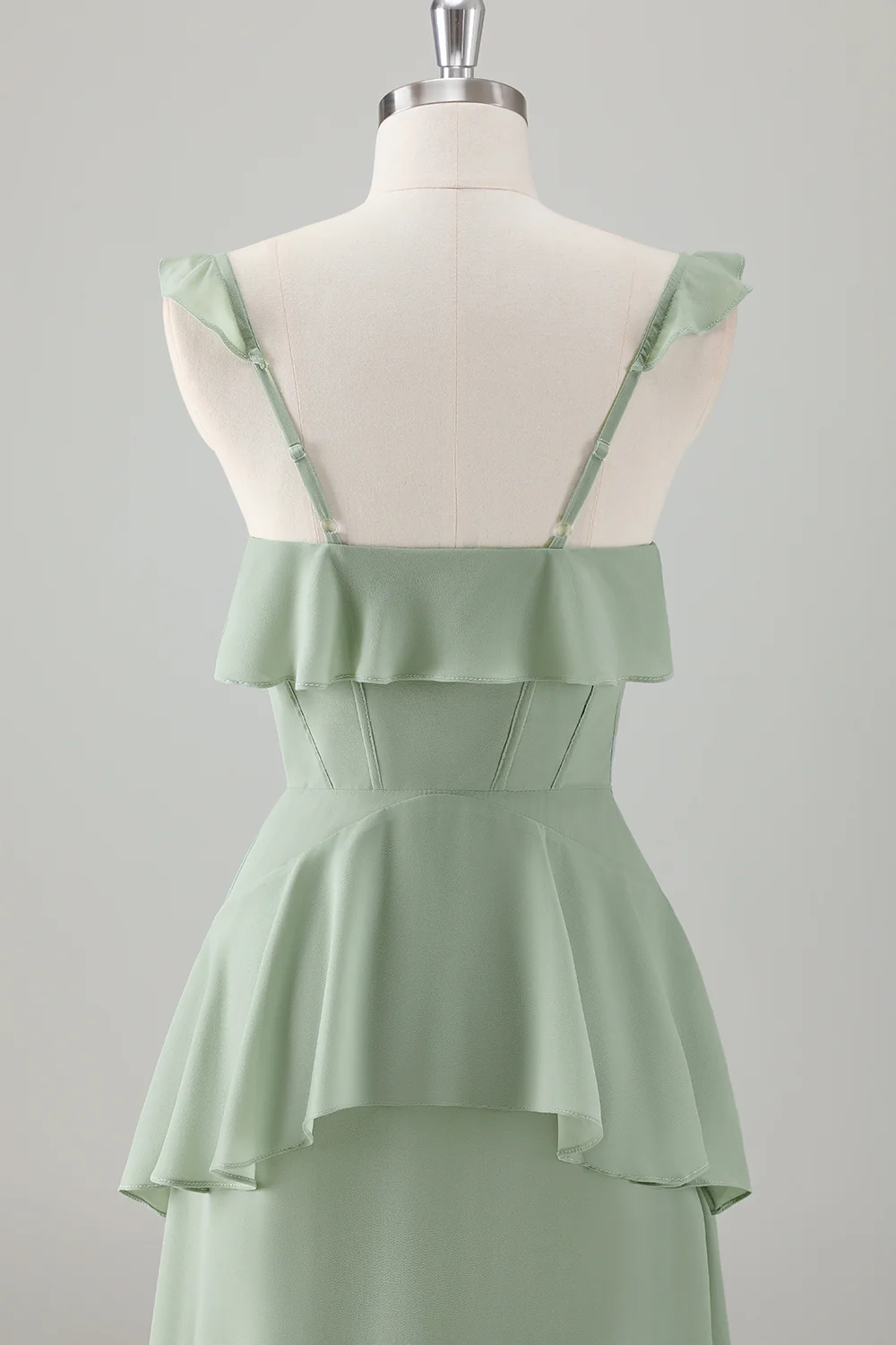 Light Green A Line Ruffle Tiered Chiffon Corset Long Bridesmaid Dress - Image 5