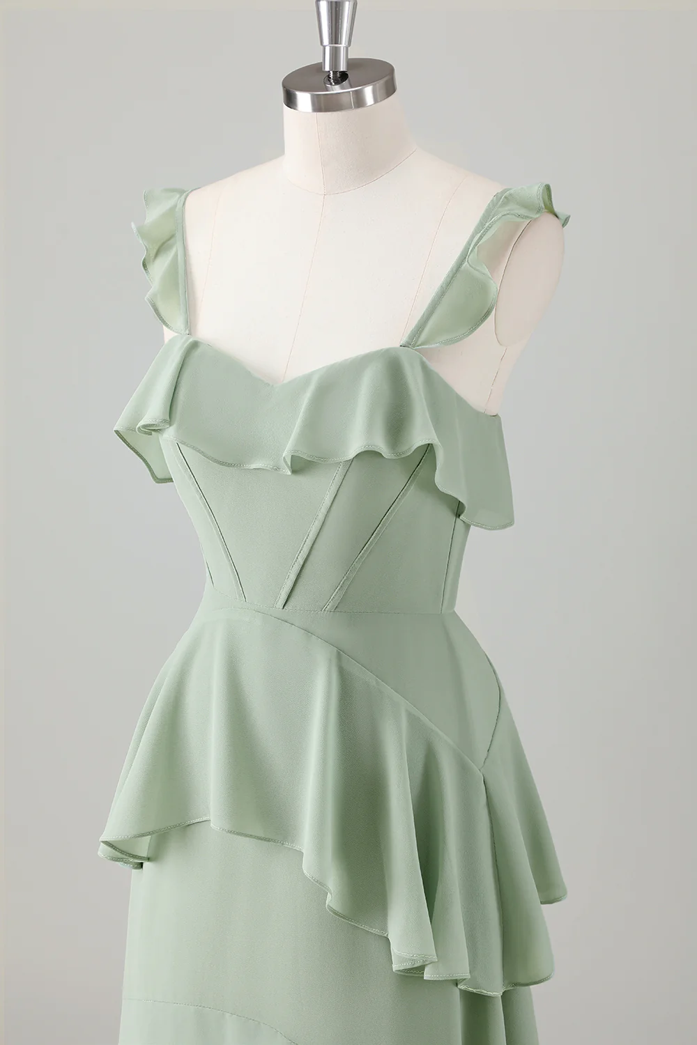Light Green A Line Ruffle Tiered Chiffon Corset Long Bridesmaid Dress - Image 6