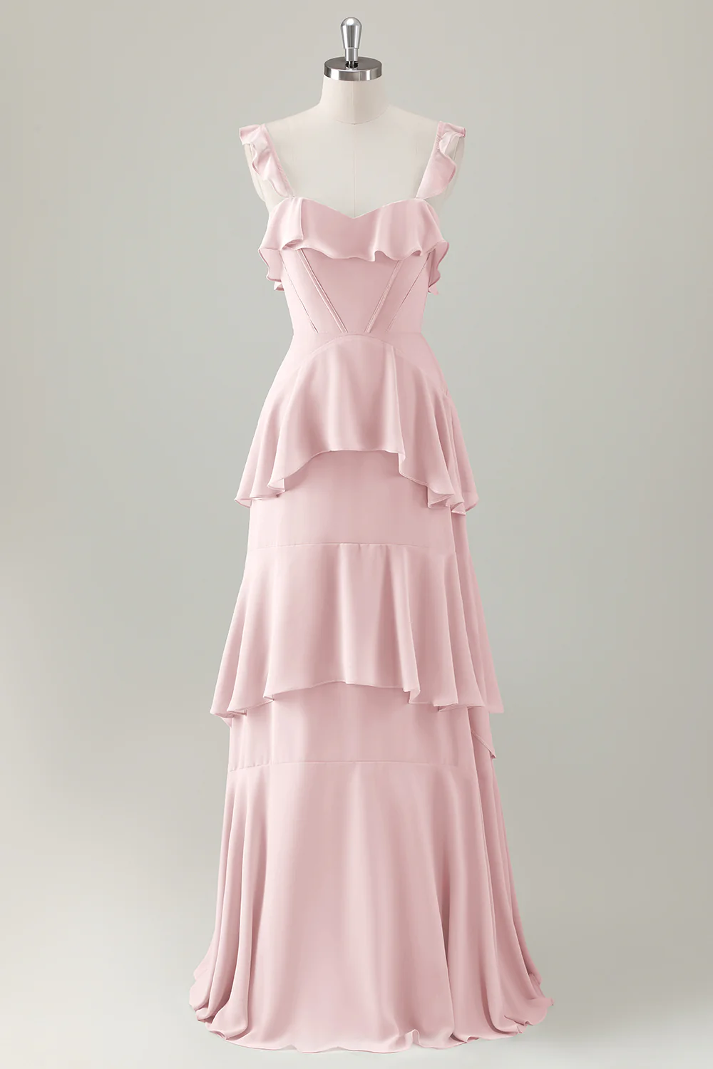 Light Green A Line Ruffle Tiered Chiffon Corset Long Bridesmaid Dress - Image 9