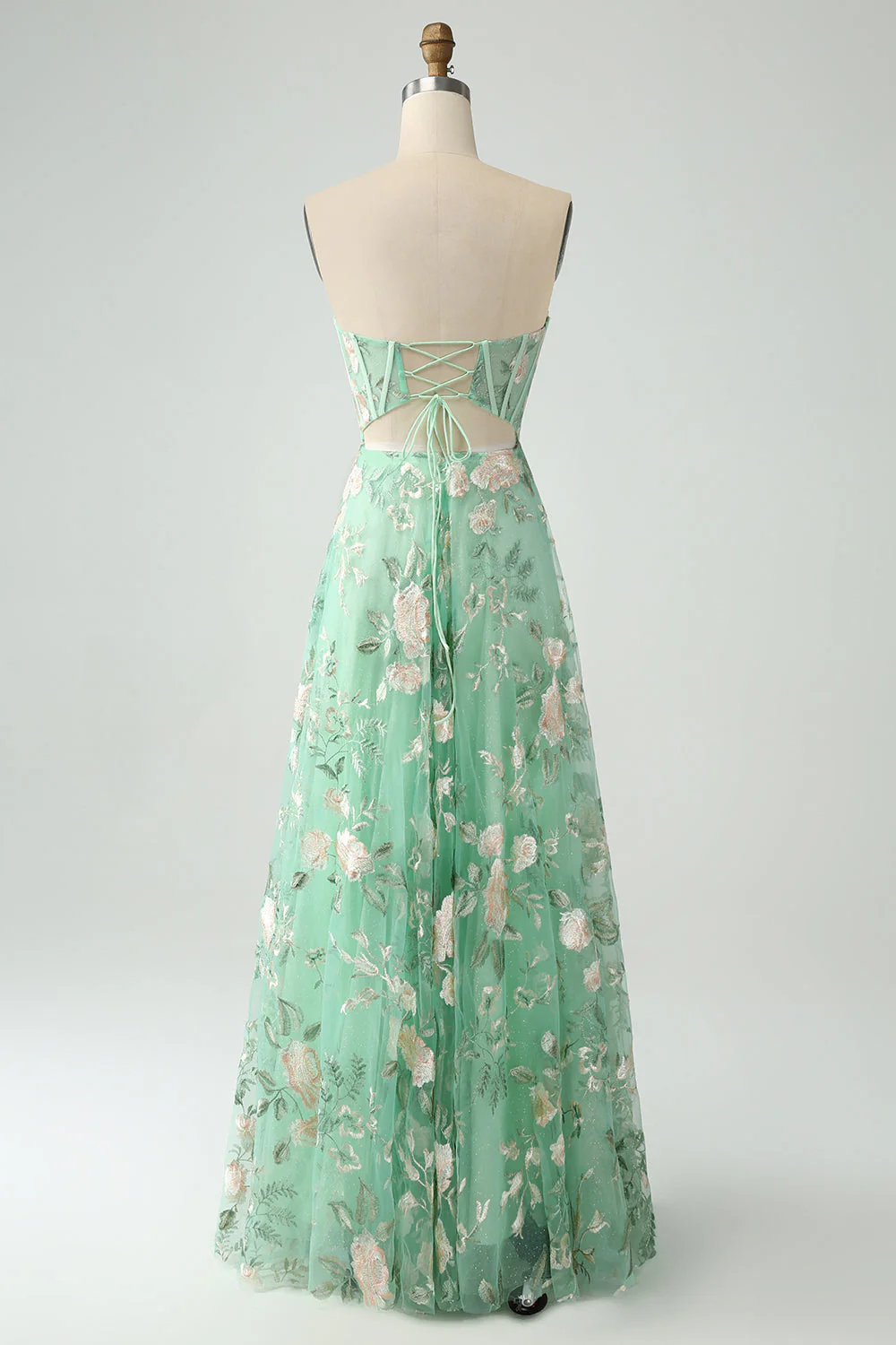 Light Green A-Line Strapless Corset Prom Dress with Embroider - Image 10