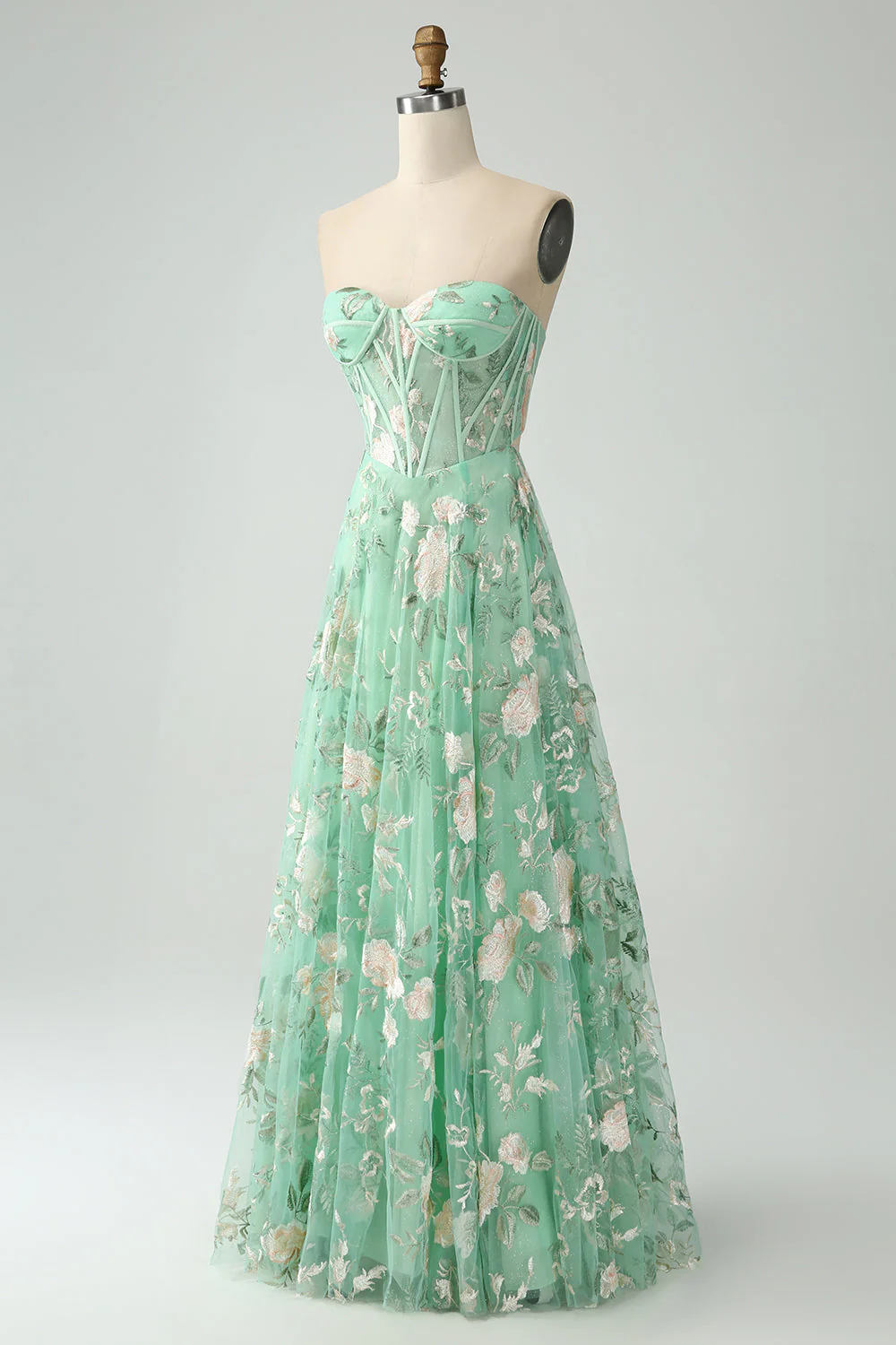 Light Green A-Line Strapless Corset Prom Dress with Embroider - Image 11