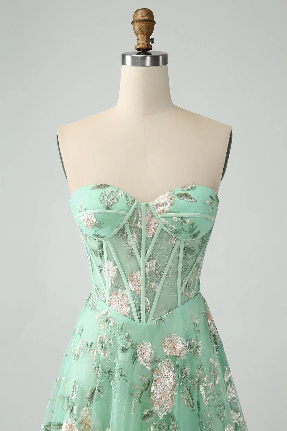 Light Green A-Line Strapless Corset Prom Dress with Embroider - Image 12