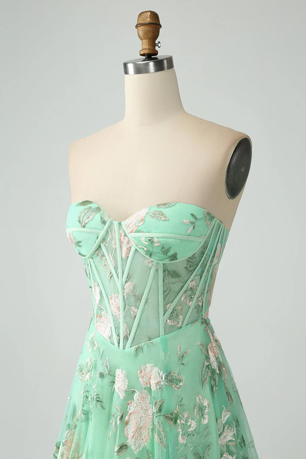 Light Green A-Line Strapless Corset Prom Dress with Embroider - Image 14
