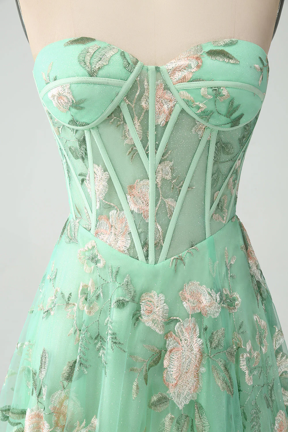 Light Green A-Line Strapless Corset Prom Dress with Embroider - Image 15