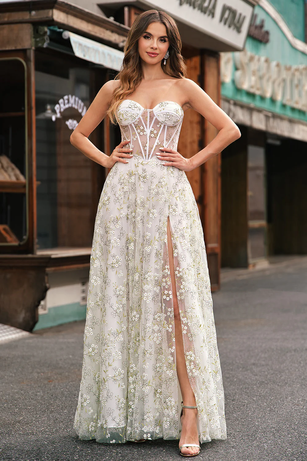 Light Green A-Line Strapless Corset Prom Dress with Embroider - Image 2