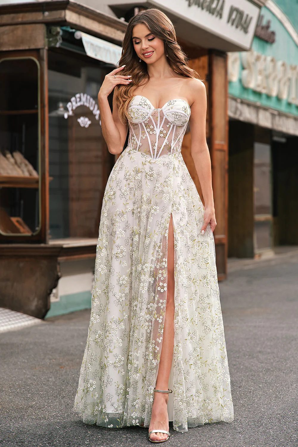 Light Green A-Line Strapless Corset Prom Dress with Embroider - Image 4