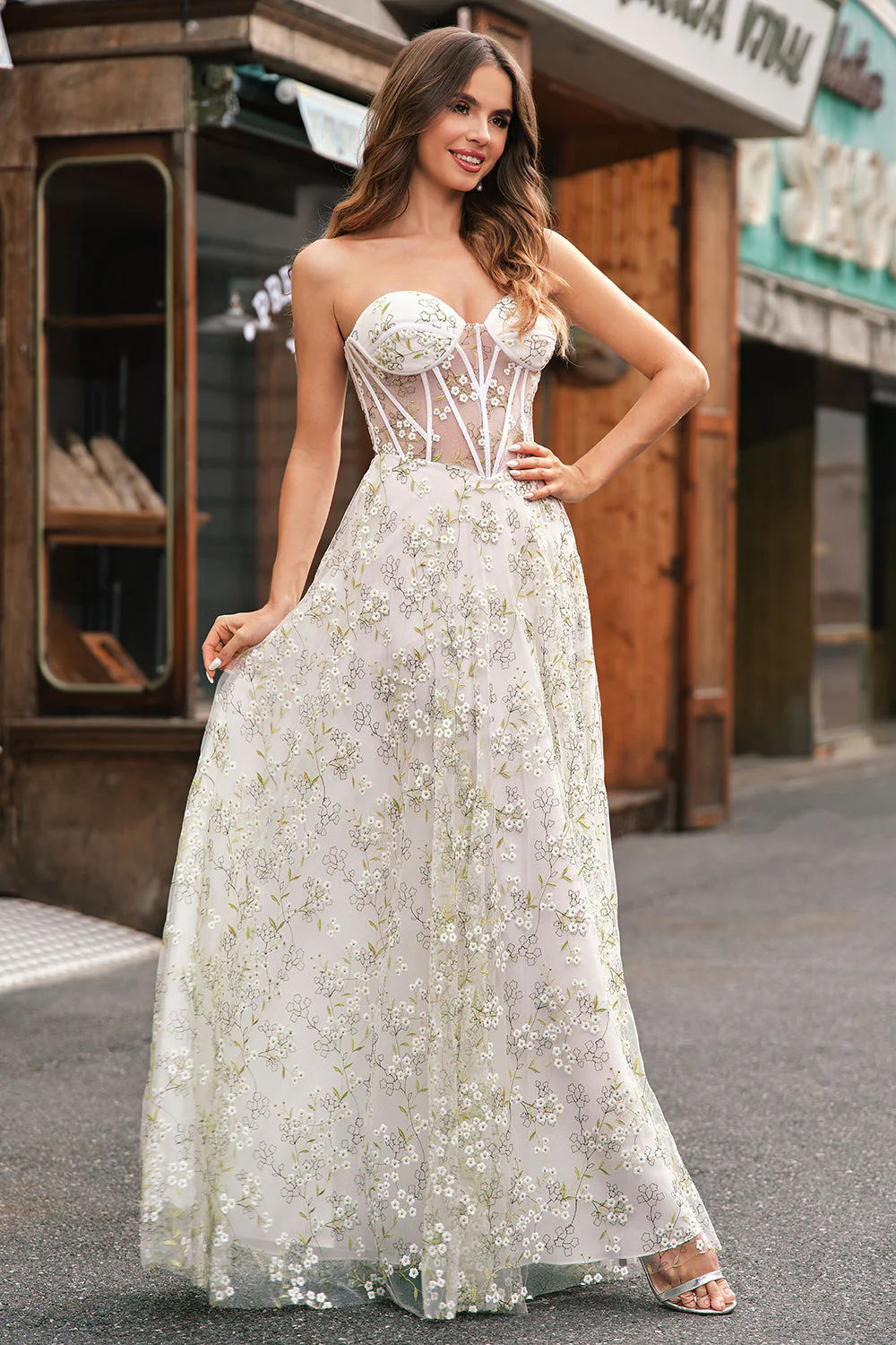Light Green A-Line Strapless Corset Prom Dress with Embroider - Image 5