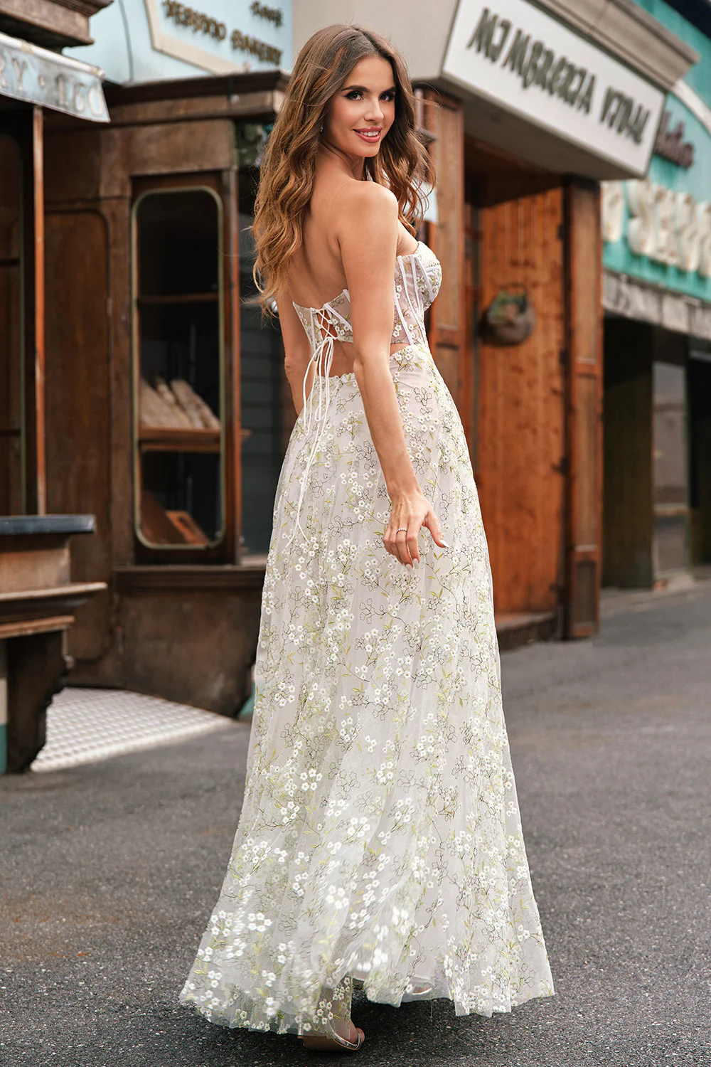 Light Green A-Line Strapless Corset Prom Dress with Embroider - Image 6