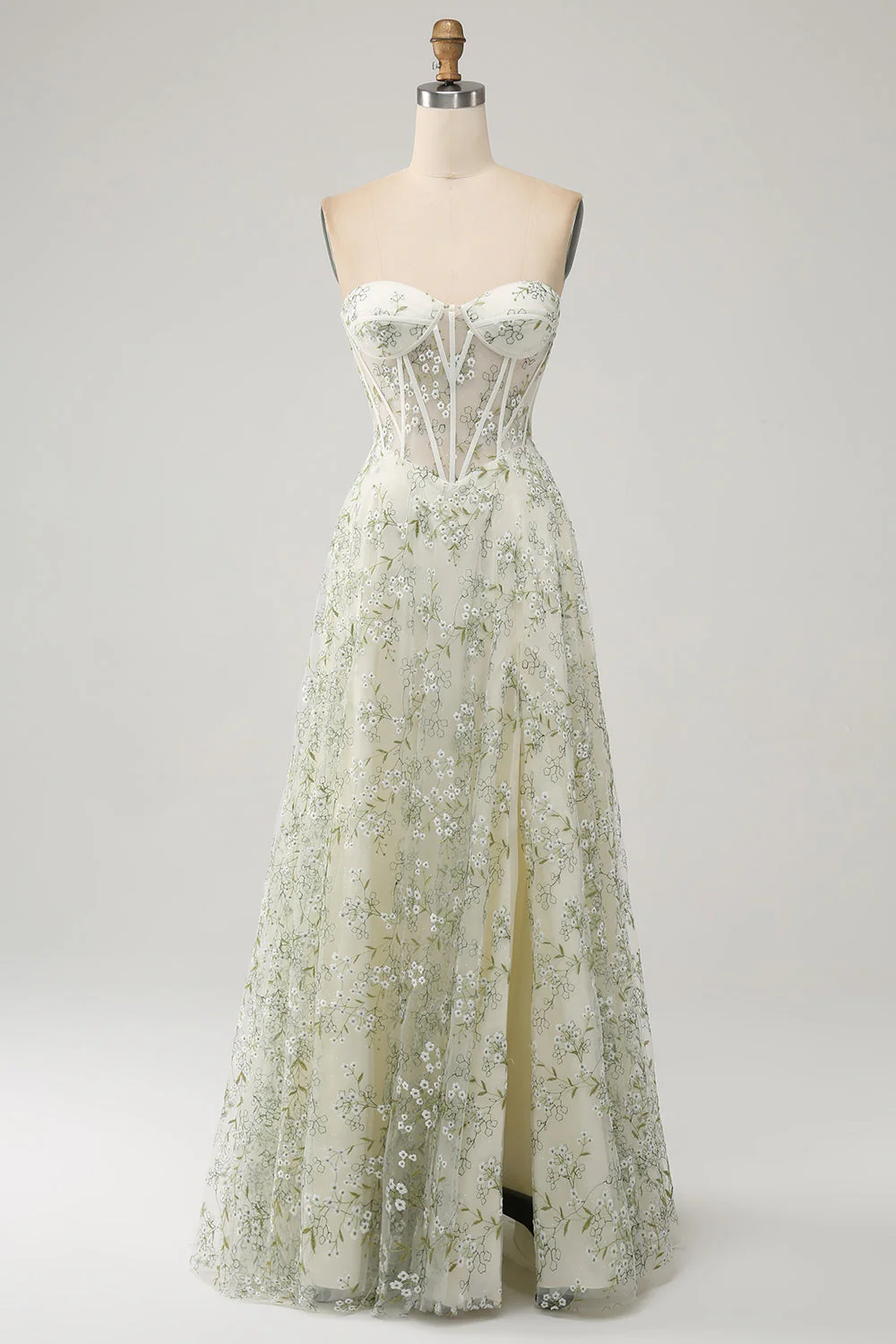 Light Green A-Line Strapless Corset Prom Dress with Embroider - Image 7