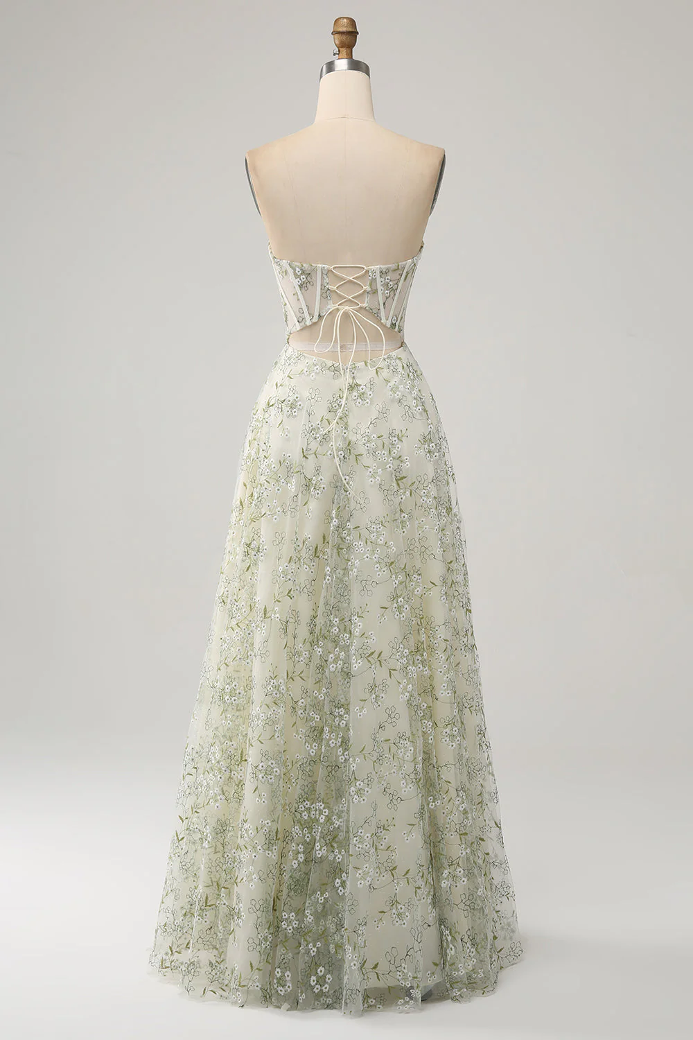 Light Green A-Line Strapless Corset Prom Dress with Embroider - Image 8
