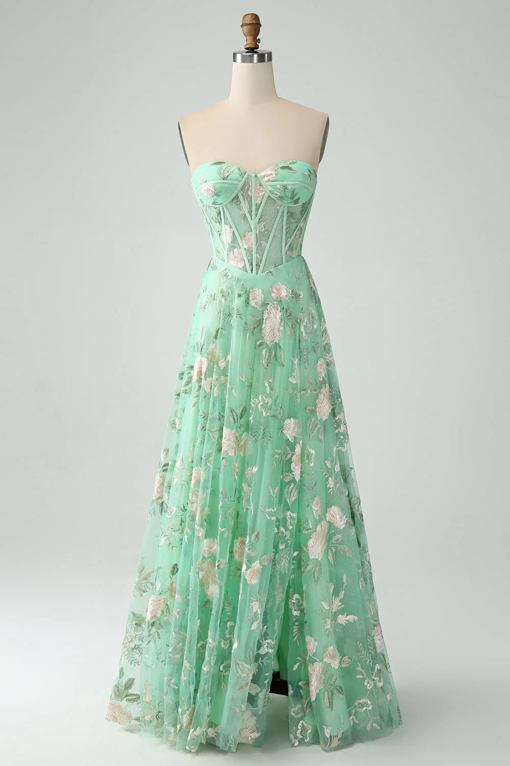 Light Green A-Line Strapless Corset Prom Dress with Embroider - Image 9