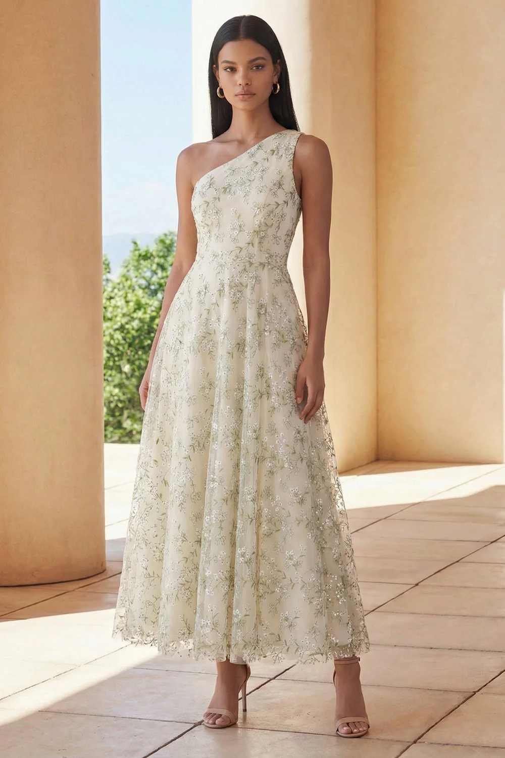 One Shoulder Light Green A Line Appliqued Midi Dress