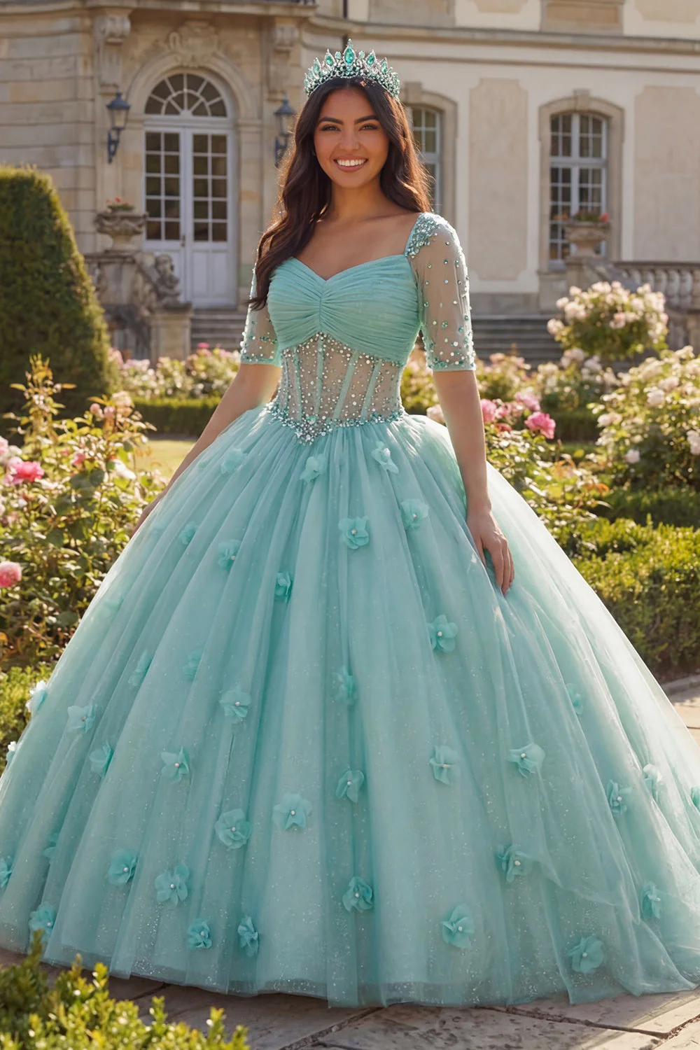 Light Green Ball Gown Half Sleeve Corset 3D Flower Quinceanera Dress