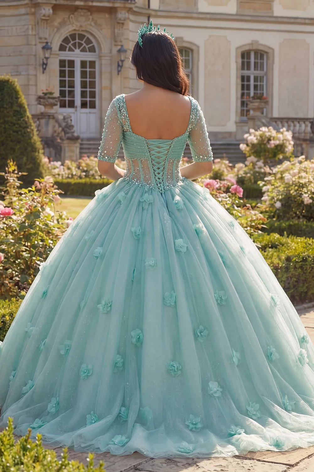 Light Green Ball Gown Half Sleeve Corset 3D Flower Quinceanera Dress - Image 2