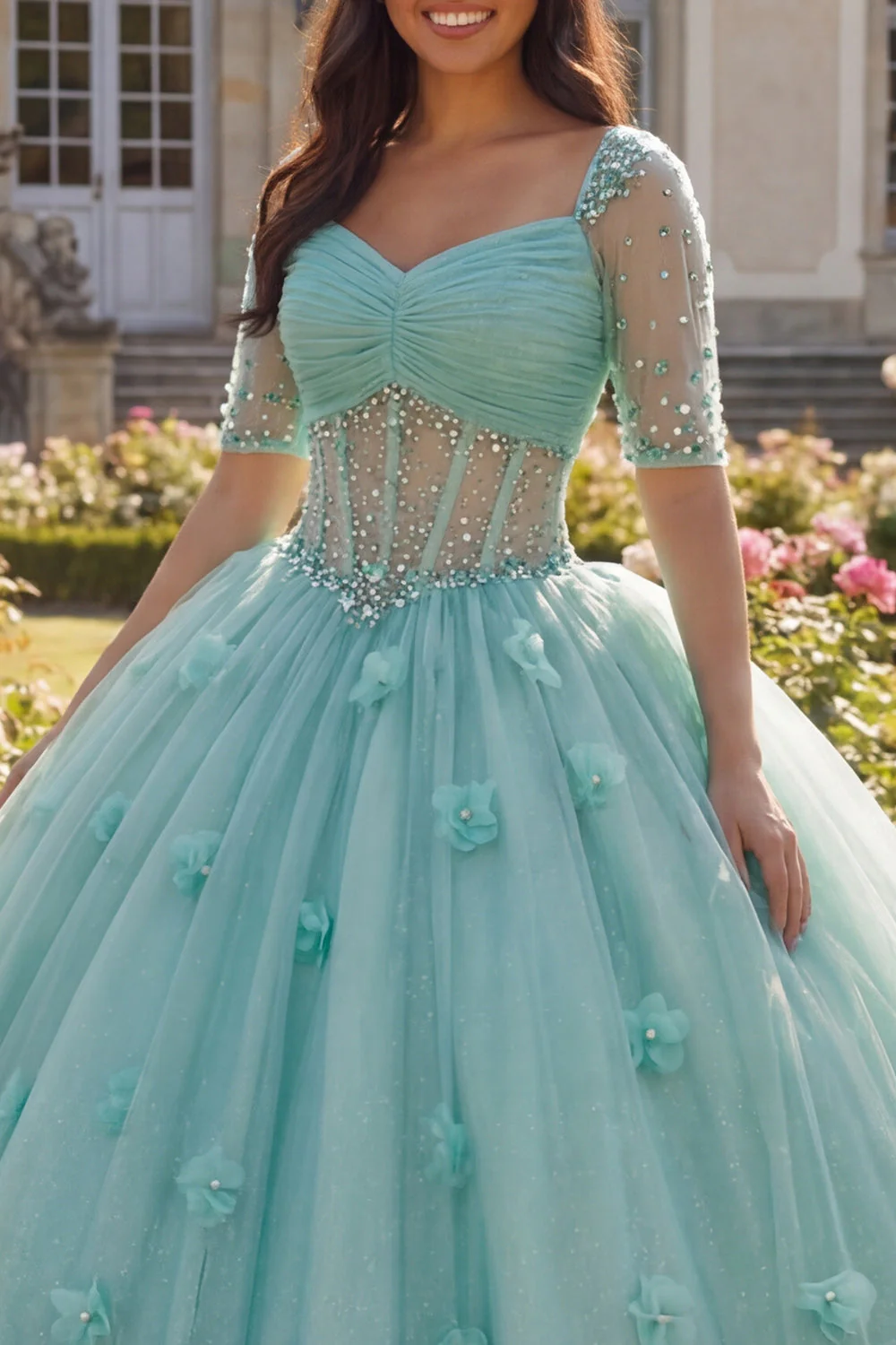 Light Green Ball Gown Half Sleeve Corset 3D Flower Quinceanera Dress - Image 3