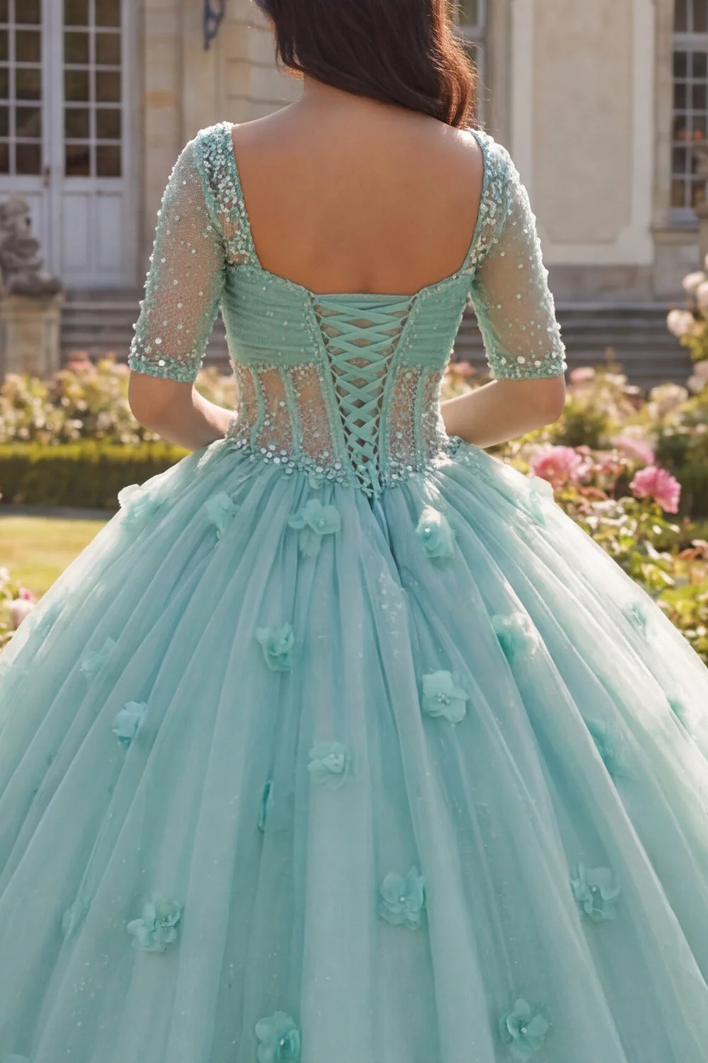 Light Green Ball Gown Half Sleeve Corset 3D Flower Quinceanera Dress - Image 4