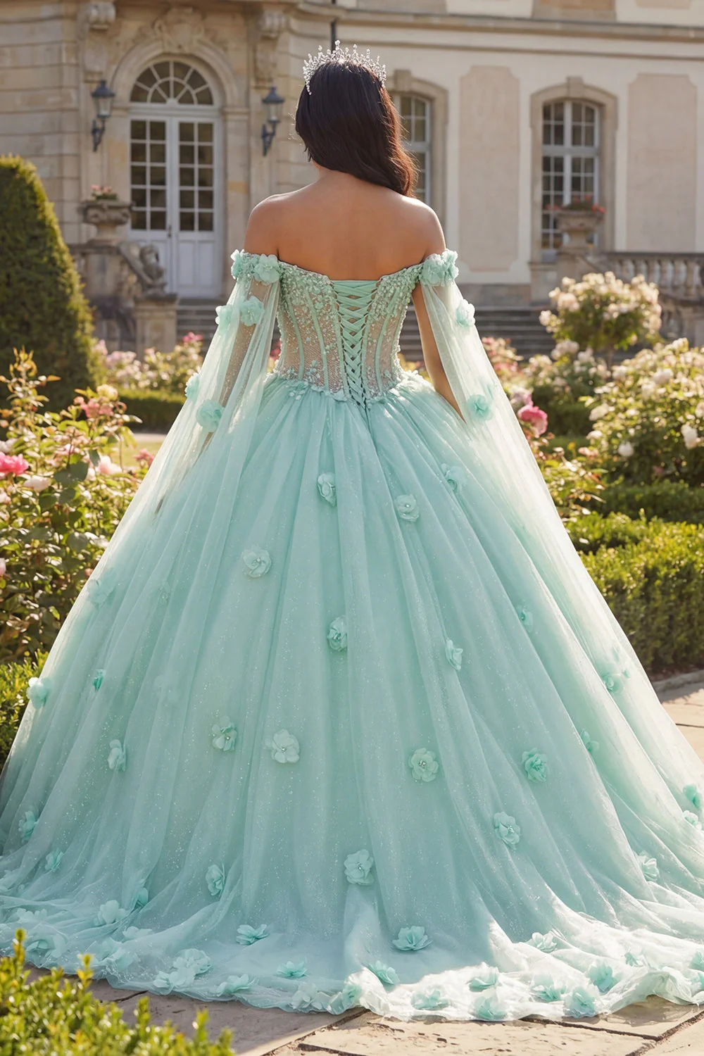 Light Green Beaded Ball Gown Off the Shoulder Corset 3D Flower Quinceanera Dress with Cape Sleeves - Image 2