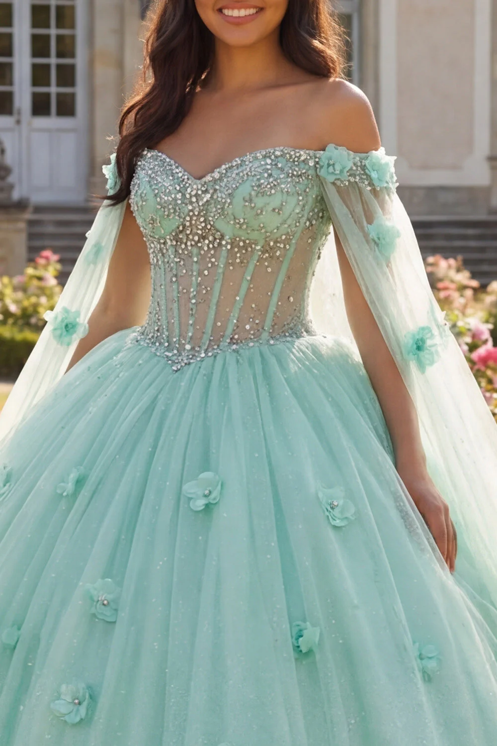 Light Green Beaded Ball Gown Off the Shoulder Corset 3D Flower Quinceanera Dress with Cape Sleeves - Image 3