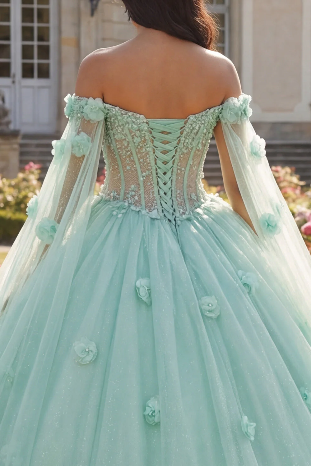 Light Green Beaded Ball Gown Off the Shoulder Corset 3D Flower Quinceanera Dress with Cape Sleeves - Image 4