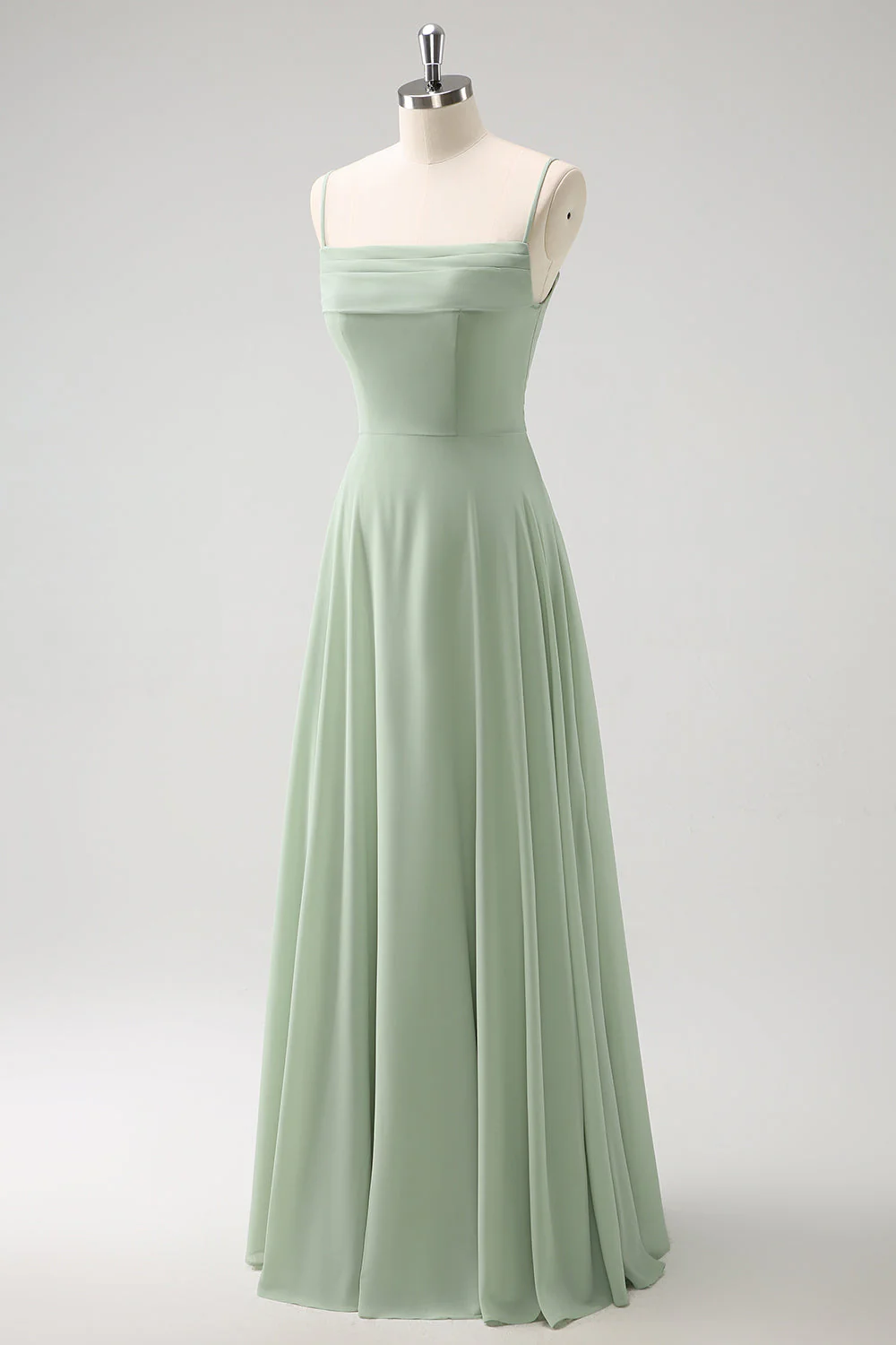 Light Green Cold Shoulder Detachable Sleeves A-Line Chiffon Long Bridesmaid Dress - Image 10