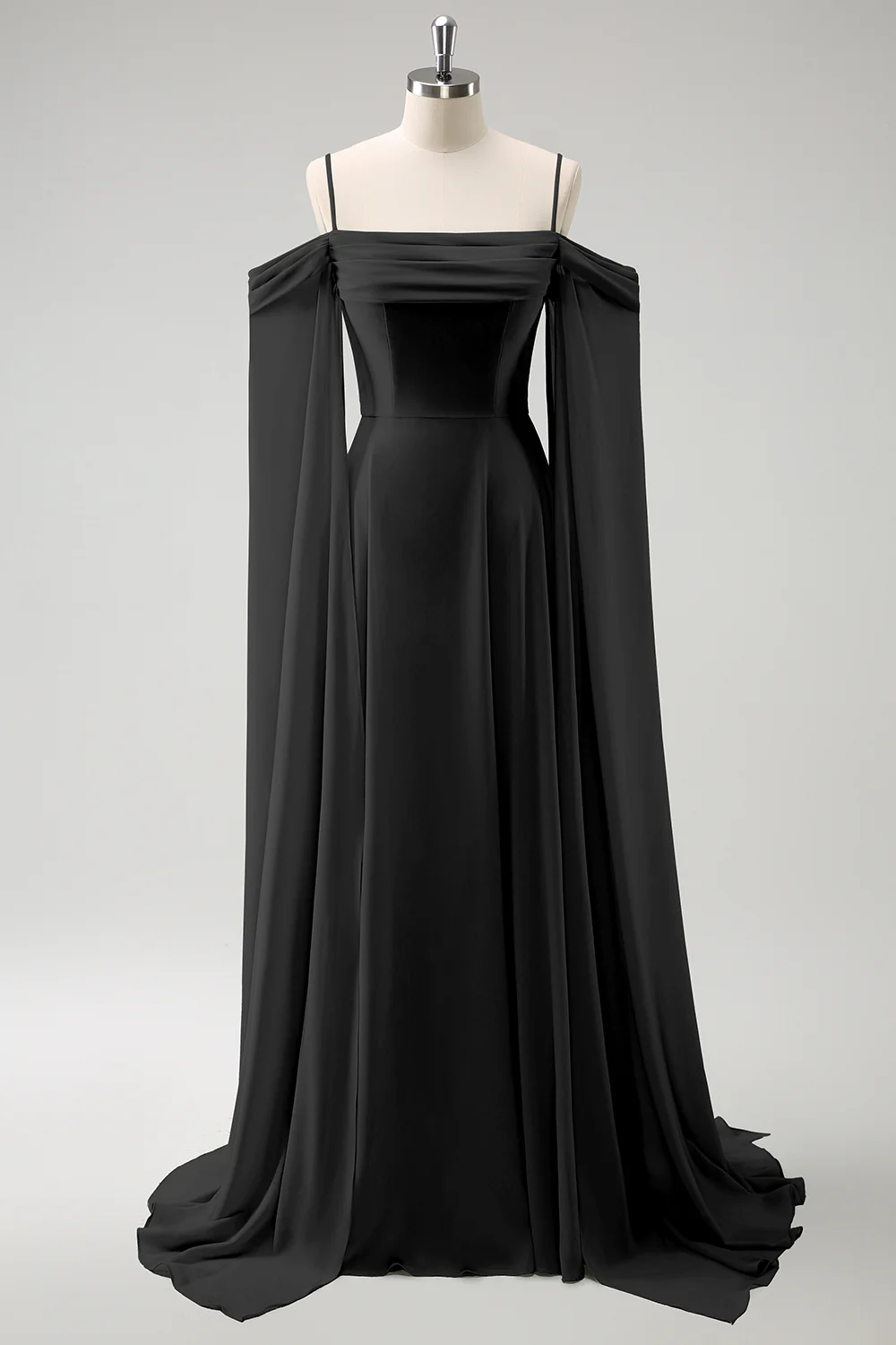 Light Green Cold Shoulder Detachable Sleeves A-Line Chiffon Long Bridesmaid Dress - Image 11