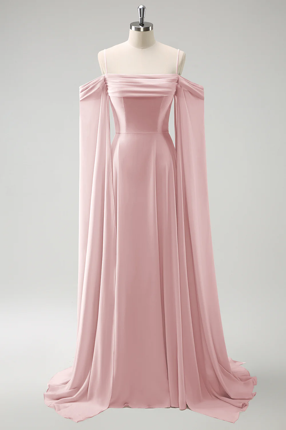 Light Green Cold Shoulder Detachable Sleeves A-Line Chiffon Long Bridesmaid Dress - Image 13