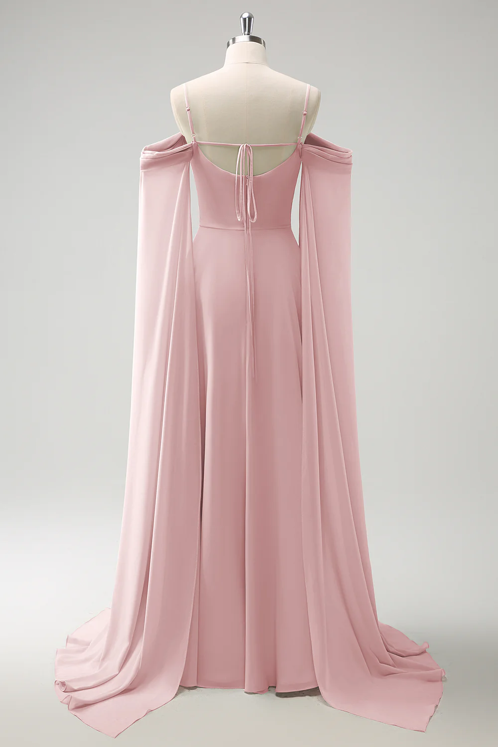 Light Green Cold Shoulder Detachable Sleeves A-Line Chiffon Long Bridesmaid Dress - Image 14