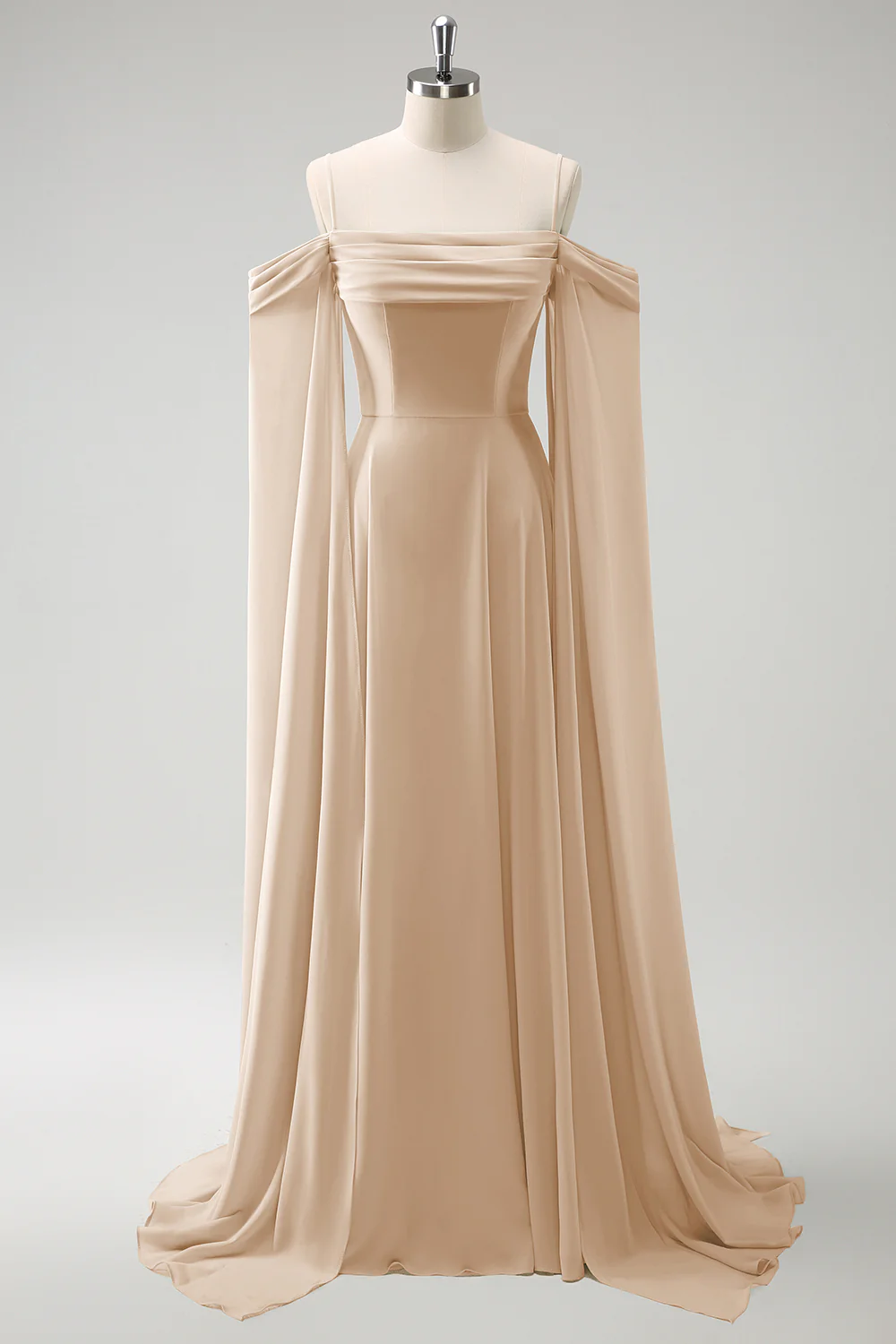 Light Green Cold Shoulder Detachable Sleeves A-Line Chiffon Long Bridesmaid Dress - Image 15