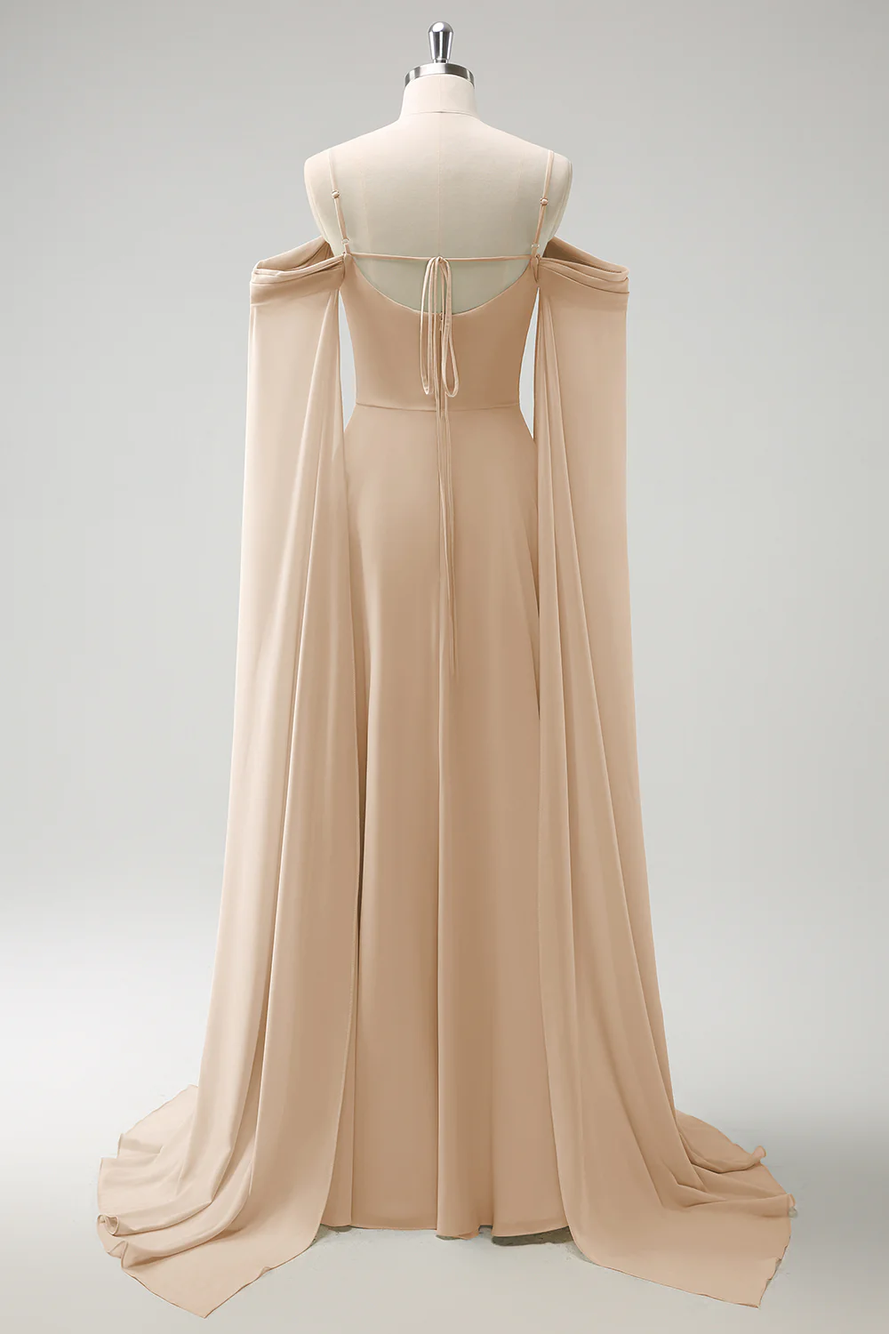 Light Green Cold Shoulder Detachable Sleeves A-Line Chiffon Long Bridesmaid Dress - Image 16