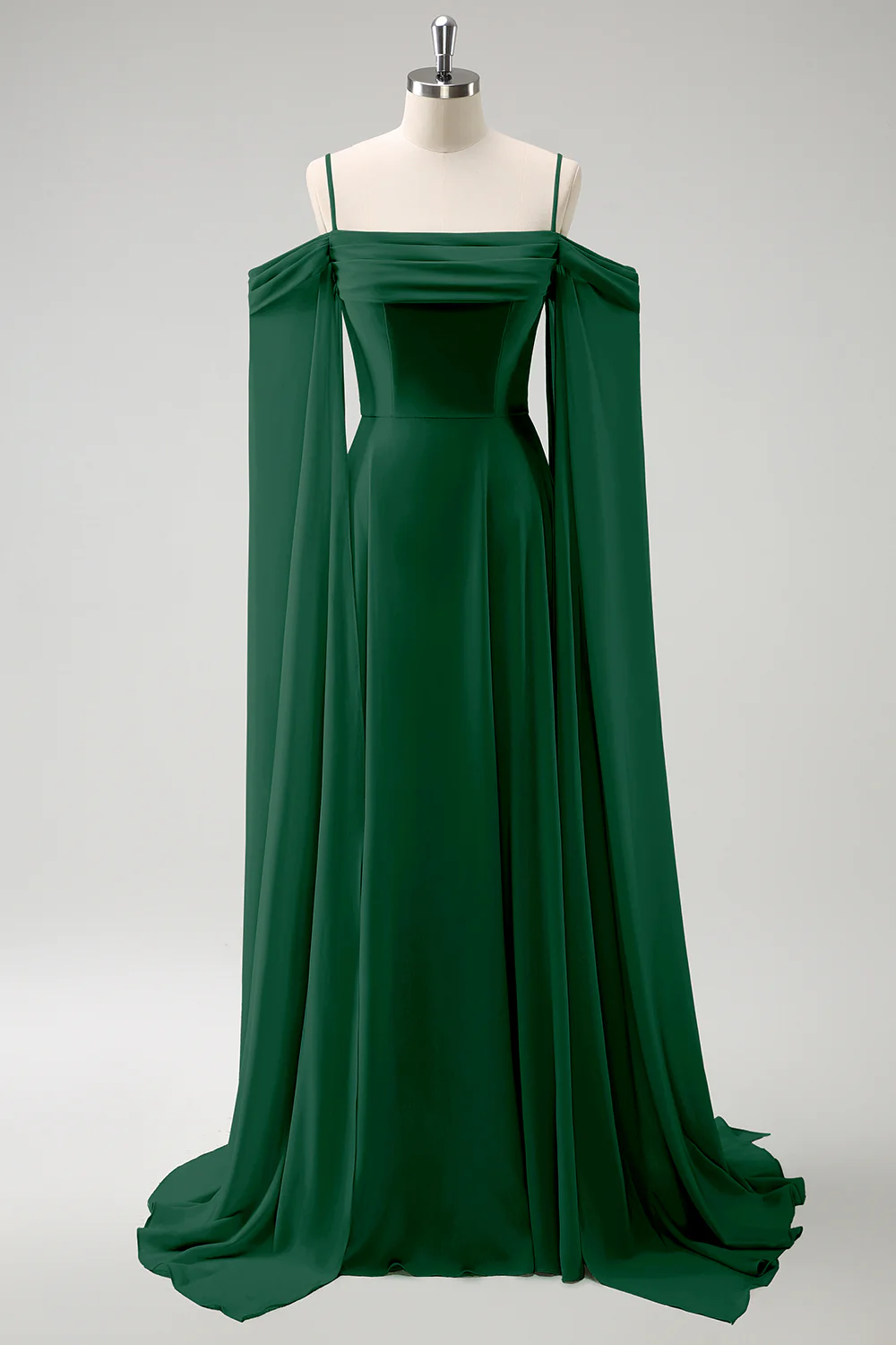 Light Green Cold Shoulder Detachable Sleeves A-Line Chiffon Long Bridesmaid Dress - Image 17