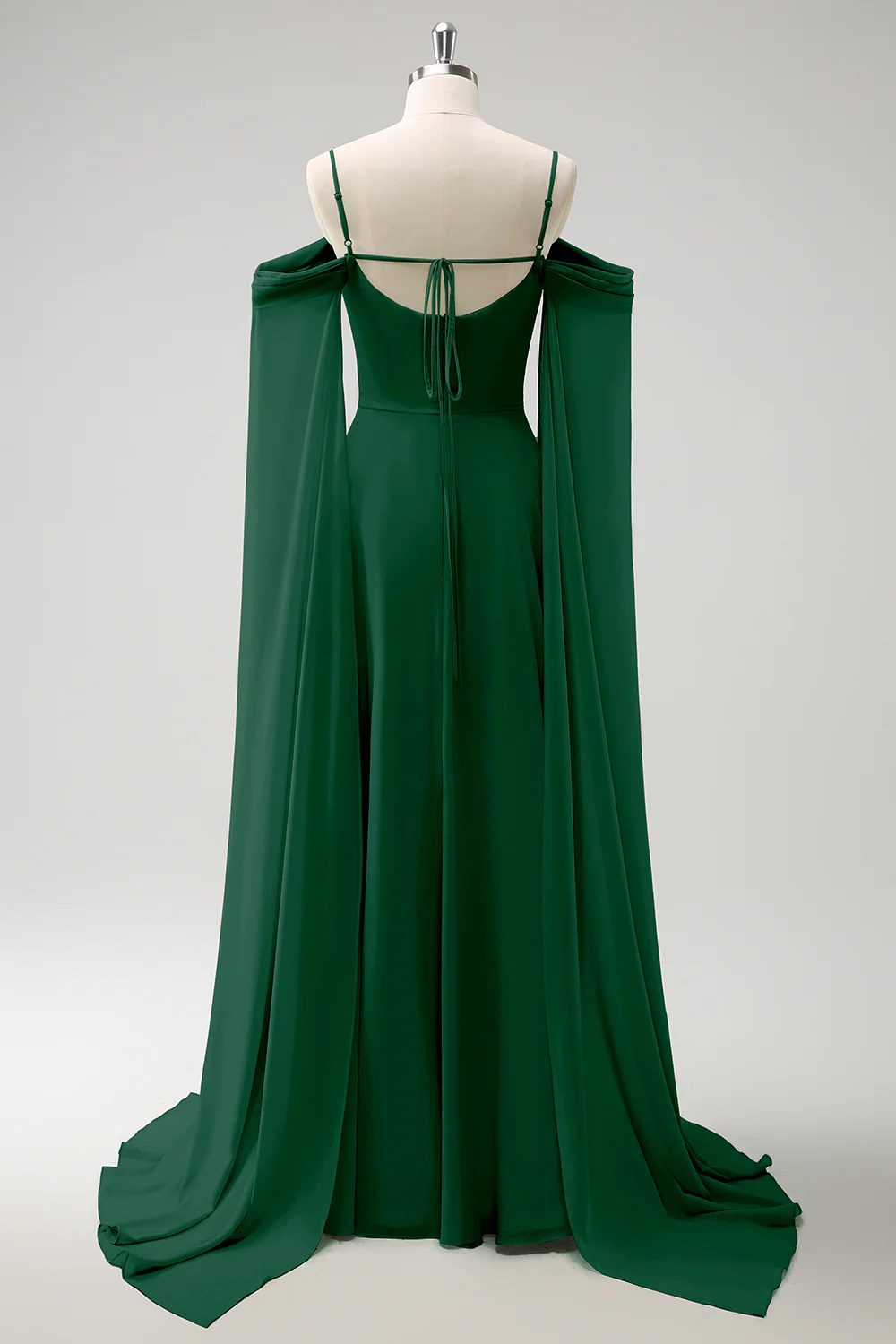 Light Green Cold Shoulder Detachable Sleeves A-Line Chiffon Long Bridesmaid Dress - Image 18