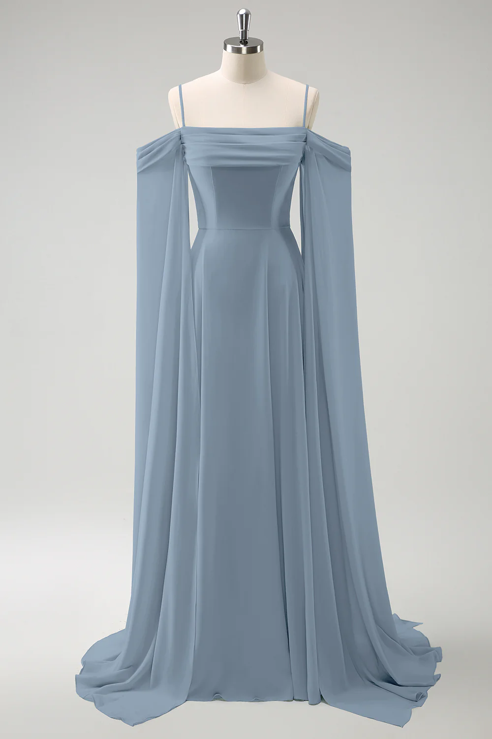 Light Green Cold Shoulder Detachable Sleeves A-Line Chiffon Long Bridesmaid Dress - Image 19