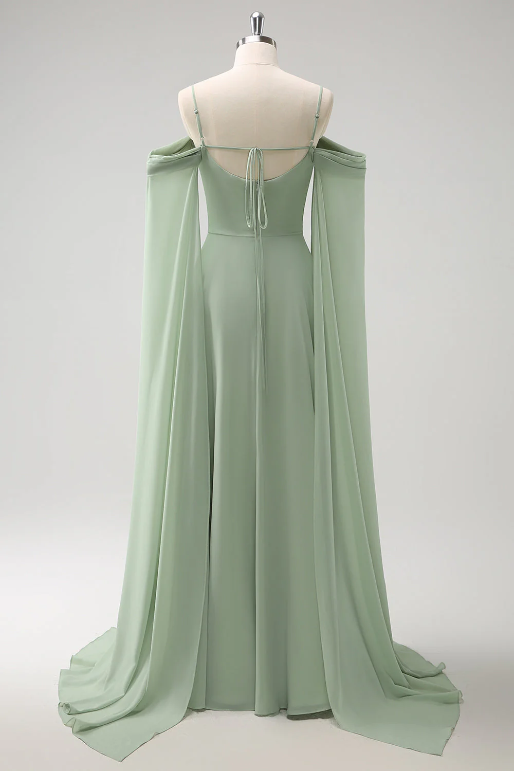 Light Green Cold Shoulder Detachable Sleeves A-Line Chiffon Long Bridesmaid Dress - Image 2