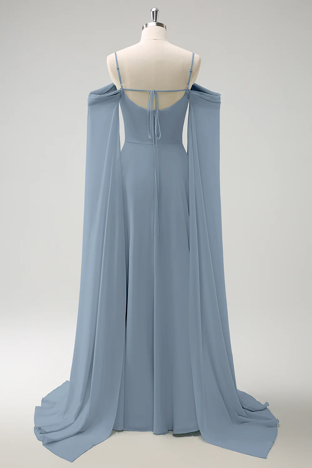 Light Green Cold Shoulder Detachable Sleeves A-Line Chiffon Long Bridesmaid Dress - Image 20