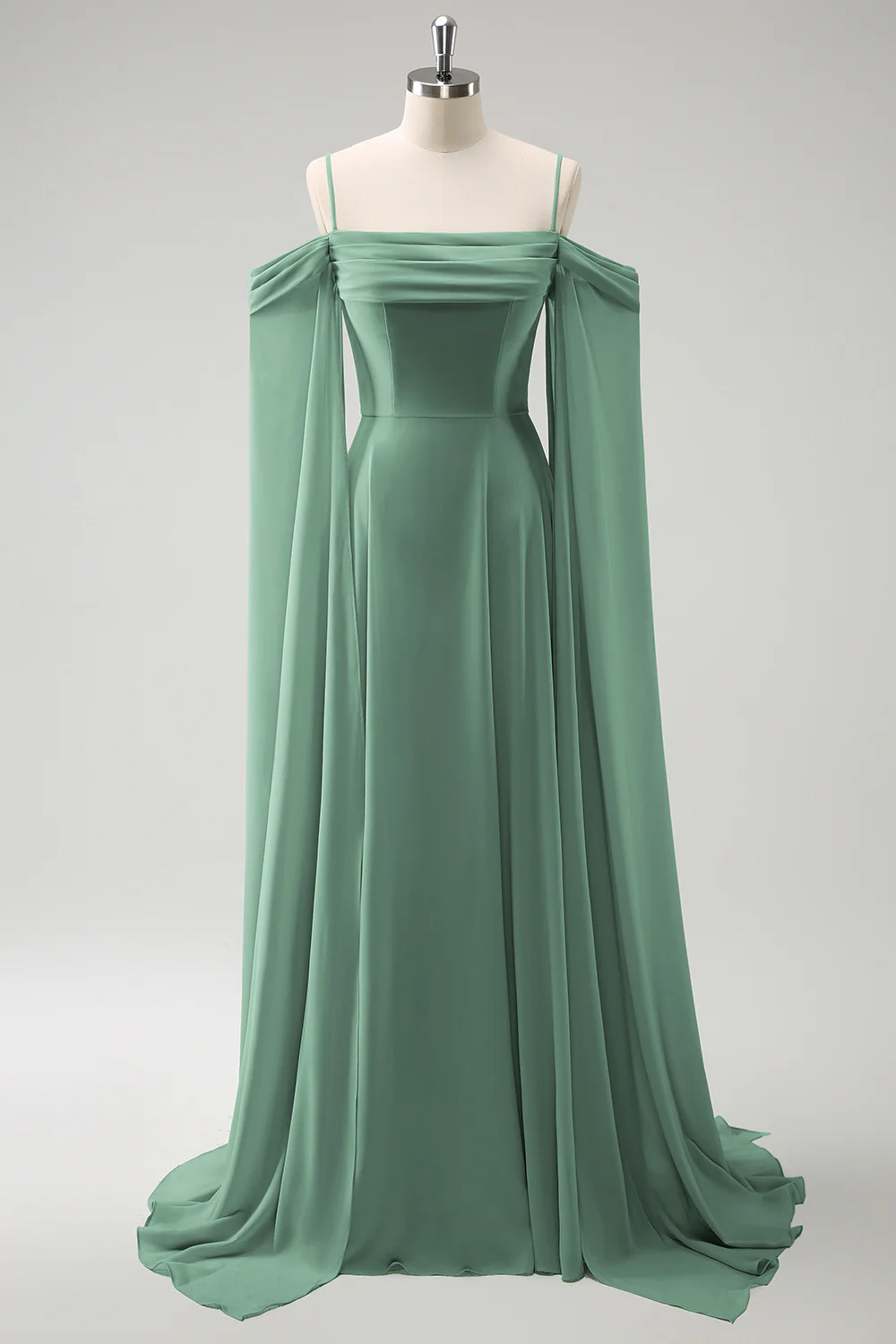 Light Green Cold Shoulder Detachable Sleeves A-Line Chiffon Long Bridesmaid Dress - Image 21